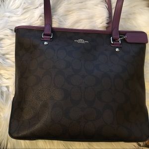 Coach tote: Purple with silver hardware.